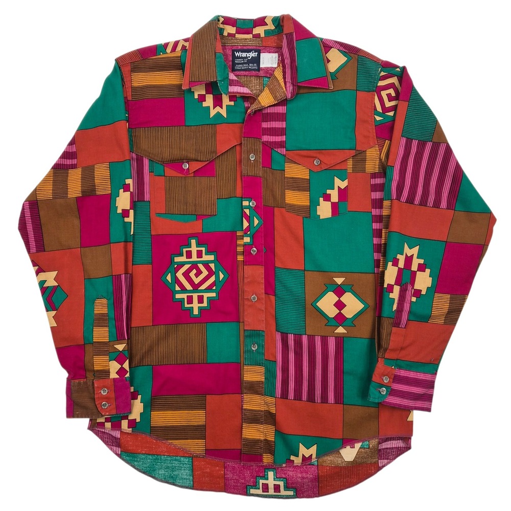 Wrangler Cowboy Cut Western‎ Shirt Mens 16.5-35 Aztec Geometric Patchwork USA